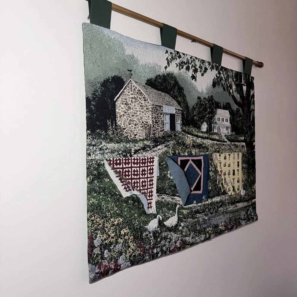 Vtg Tapestry Wall Hanging French Farmhouse Quilt Scene Geese Cottage Core /rod